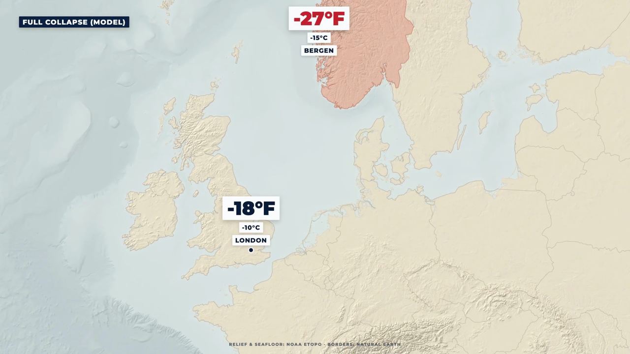 A map of northern Europe with modelled winter temperatures for London and Bergen